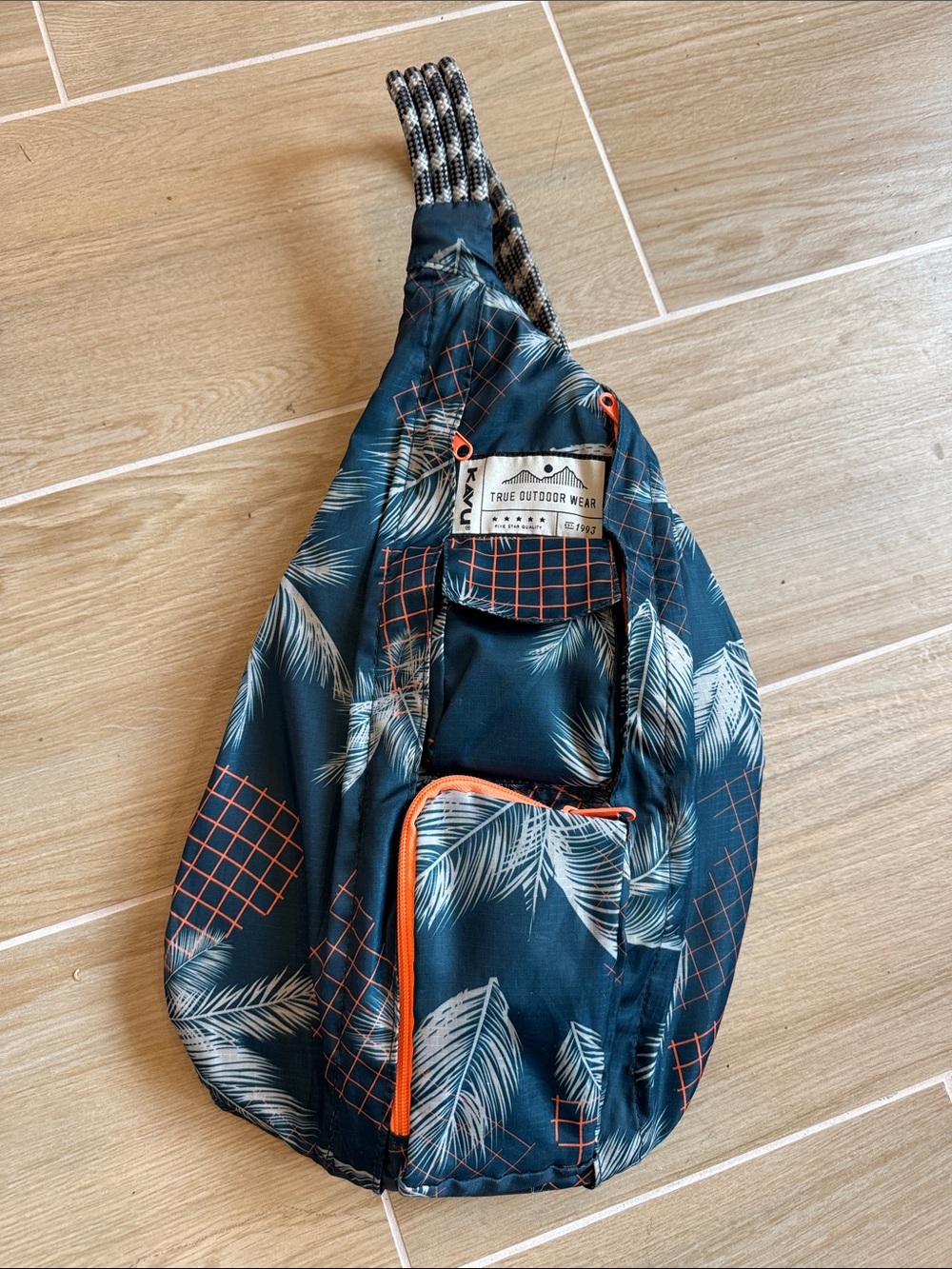 Kavu Navy Palm-Print Crossbody Sling Bag with Orange Accents